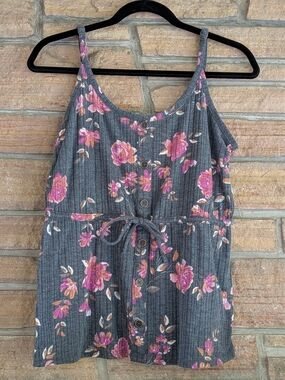 Maurices Charcoal Gray Floral Tank with Pink and Peach Blooms